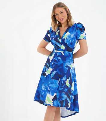 QUIZ Bright Blue Floral Dip Hem Midi Dress