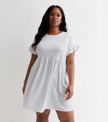 Curves White Stripe Short Frill Sleeve Mini Smock Dress