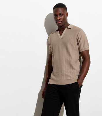 Camel Relaxed Fit Textured Knit Polo Top