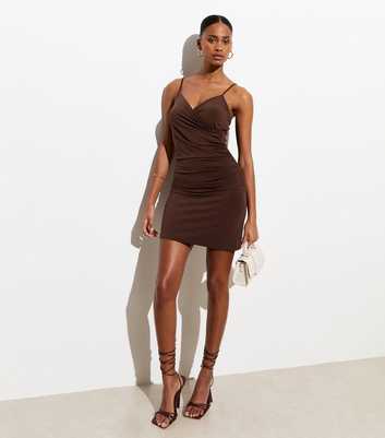 Dark Brown Jersey Strappy Ruched Bodycon Mini Dress