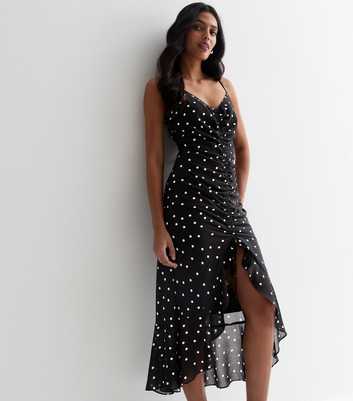 Black Spot Print Strappy Ruched Midi Dress