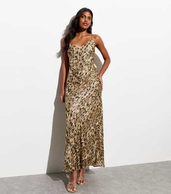 Gold Leopard Print Open Back Bias Cut Maxi Dress