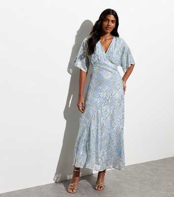 Pale Blue Foil Print Kimono Sleeve Maxi Dress