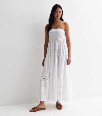 White Shirred Bandeau Broderie Beach Maxi Dress