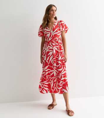 Red Leaf Print Puff Sleeve Midi Wrap Dress