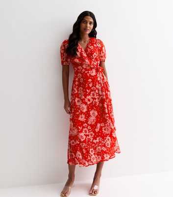 Red Chiffon Floral Print Midi Wrap Dress