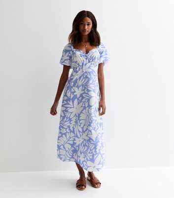 Blue Tropical Leaf Print Milkmaid Midi Dress