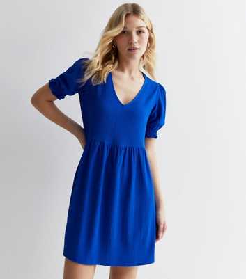 Blue Crinkle Puff Sleeve Smock Mini Dress