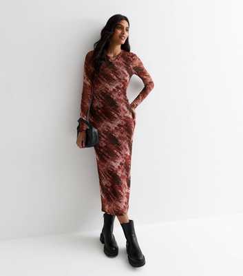 Burgundy Abstract Print Mesh Bodycon Midi Dress