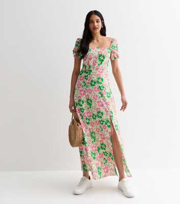 Green Floral Puff Sleeve Cotton Maxi Dress