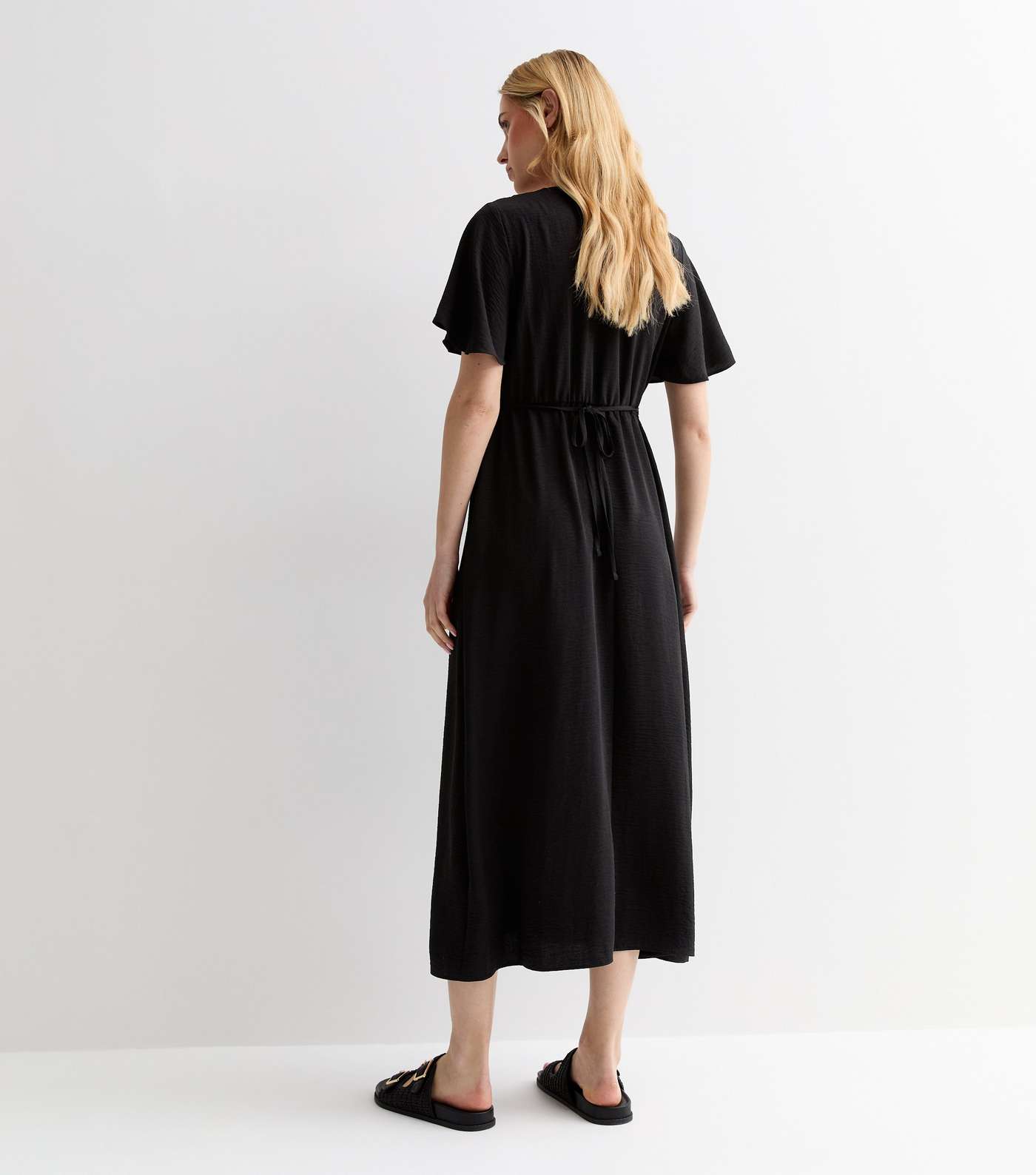 Black Lace Trim Button Front Midi Dress Image 4