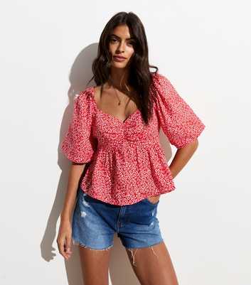 Red Daisy Floral Pattern Cotton Tier Top 