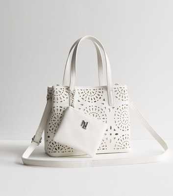 White Laser Cut Tote Bag and Purse Set