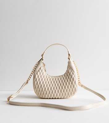 Cream Leather-Look Quilted Grab Handle Bag