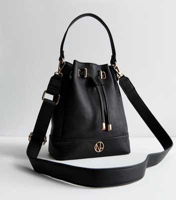 Black Leather-Look Drawstring Bucket Bag