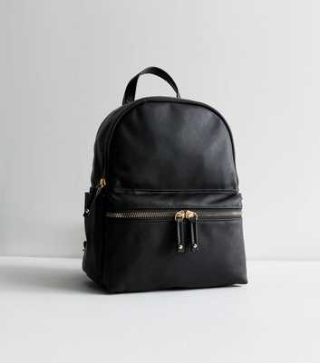Black Leather-Look Pocket Front Midi Backpack