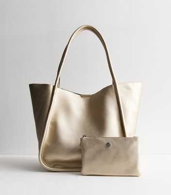 Gold Leather-Look Slouchy Duo Tote Bag