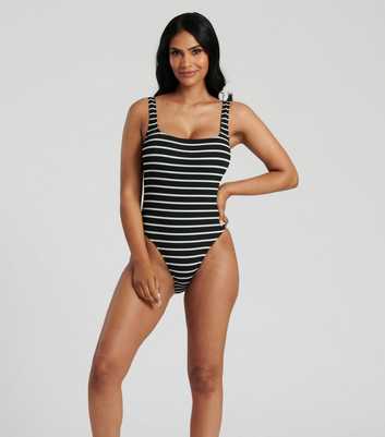 South Beach Black Stripe Textured Scoop Neck Swimsuit