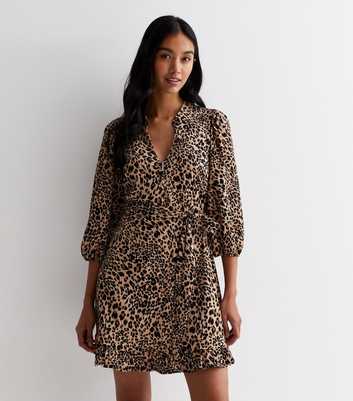 Brown Leopard Print Belted Ruffle Hem Mini Shirt Dress