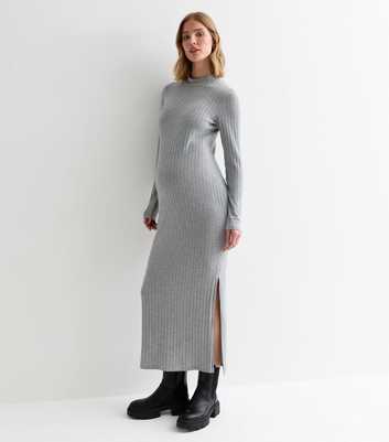 Maternity Grey Ribbed Knit High Neck Midi Dress
