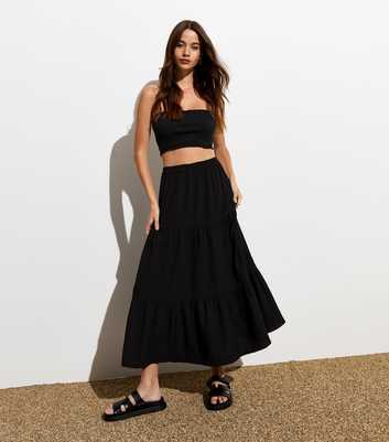 Black Textured Tiered Midi Skirt