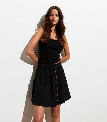 Black Crinkle-Textured Cotton Mini Skirt 