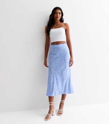 Blue Spot Print Bias Cut Midi Skirt