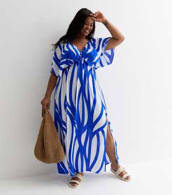 Curves Blue Line Print V Neck Maxi Beach Dress