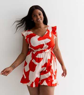 Curves Red Abstract Print V Neck Belted Playsuit