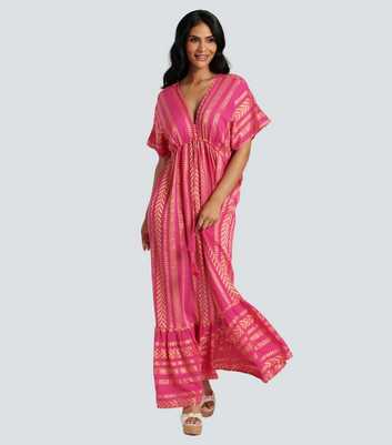 South Beach Pink Abstract Print Cotton Tiered Maxi Dress