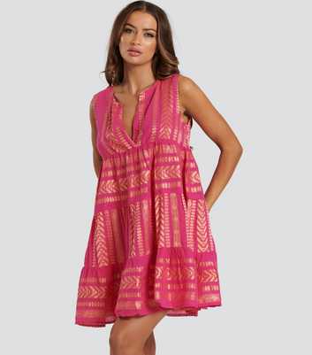 South Beach Pink Abstract Print Cotton Sleeveless Tiered Mini Dress