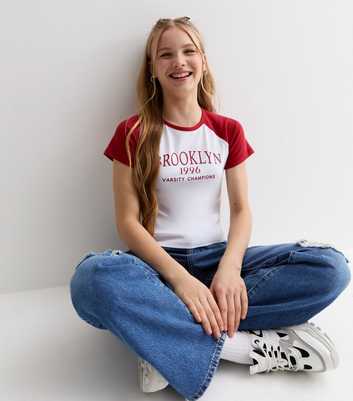 Girls Red Brooklyn Logo Raglan T-Shirt