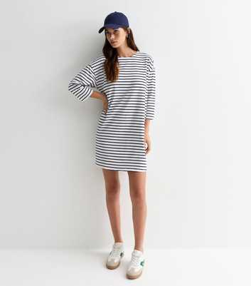 White Stripe 3/4 Sleeve Cotton Mini Dress