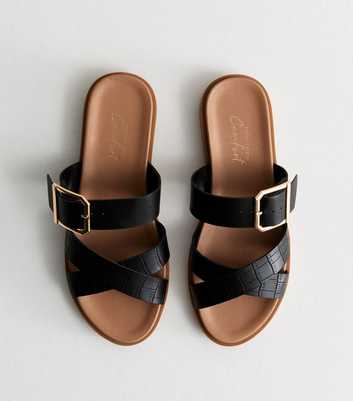 Black Leather-Look Cross Strap Sandals 