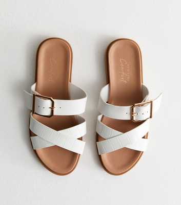White Leather-Look Cross Strap Sandals 