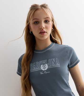 Girls Blue Cotton Barcelona Logo T-Shirt