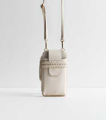 Cream Plaited Cross Body Phone Bag