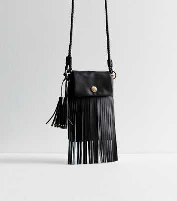 Black Leather-Look Tassel Phone Bag 