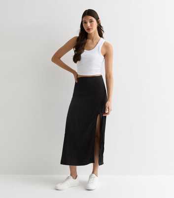 Gini London Black Satin Lace Split Hem Midi Skirt