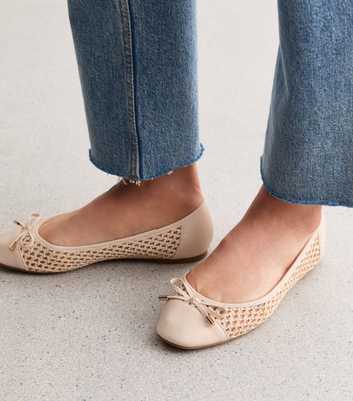 Off White Leather-Look Woven Ballet Flats