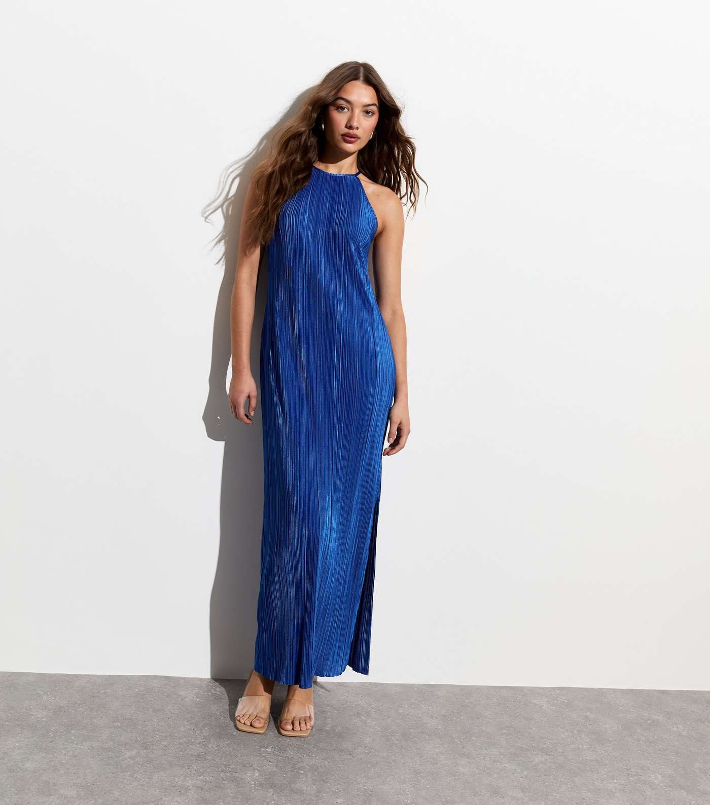 Bright Blue Plissé Halter Maxi Dress Image 3