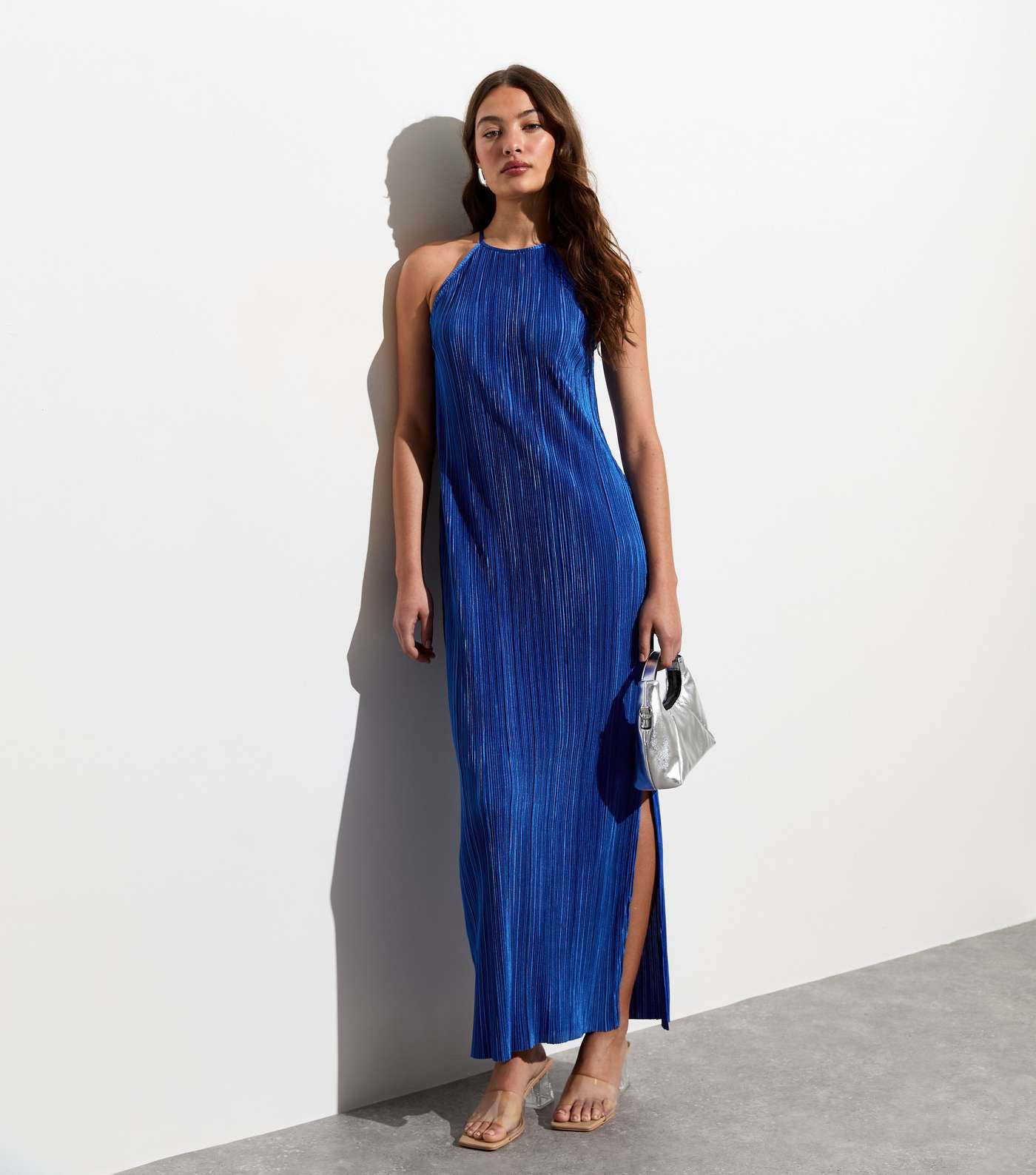 Bright Blue Plissé Halter Maxi Dress Image 5
