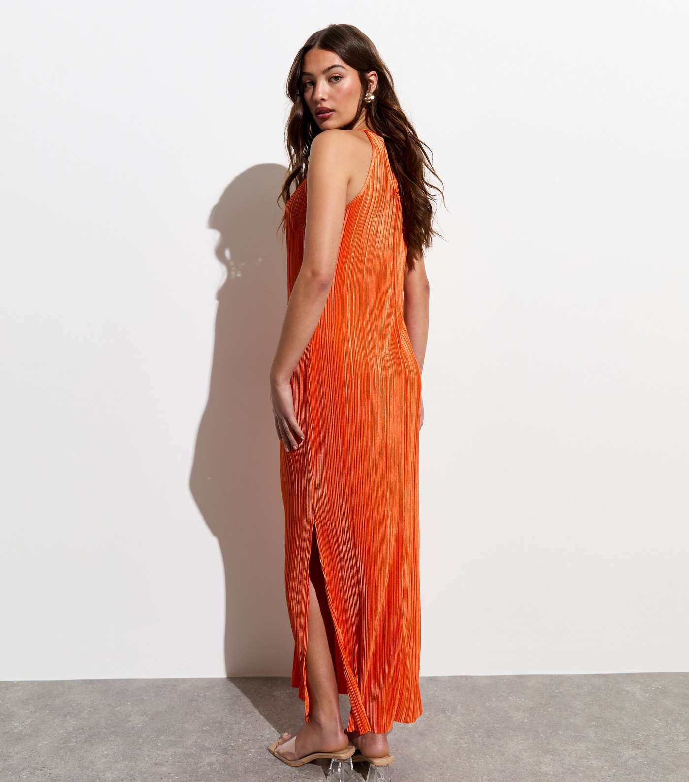 Bright Orange Plissé Halter Maxi Dress Image 4
