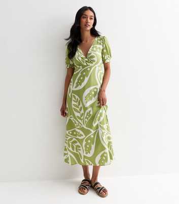 Green Leaf Print Puff Sleeve Midi Dress