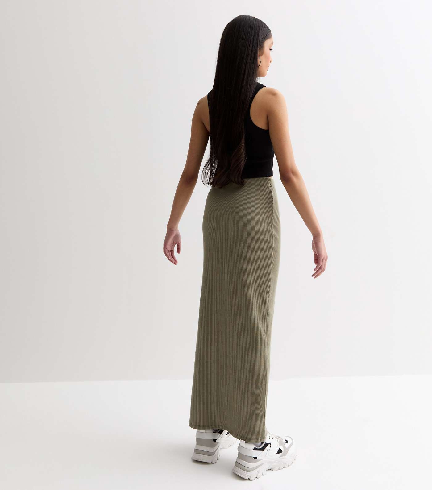 Girls Khaki Ribbed Split Hem Maxi Skirt Image 4