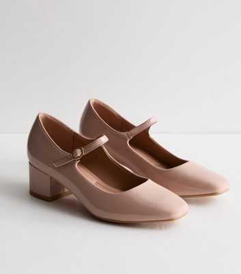Pale Pink Patent Mary Jane Block Heel Court Shoes