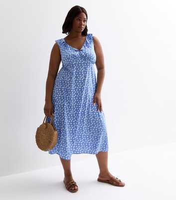 Curves Blue Spot Print Sleeveless Frill Midi Dress