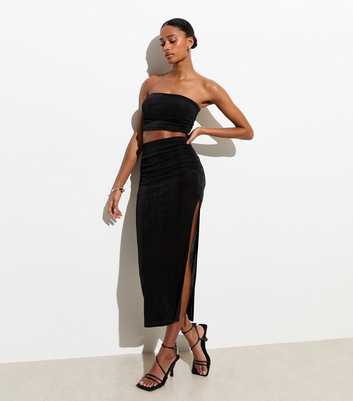 Black High Shine Ruched Midi Skirt