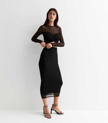 Black Mesh High Waist Midi Skirt
