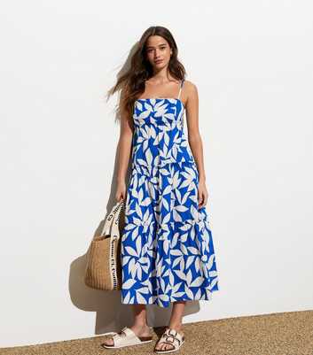 Blue Floral Tiered Cotton Midi Dress